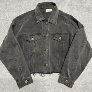 Mono B Womens Washed Black Cropped Denim Jacket Raw Hem Frayed Trucker Small